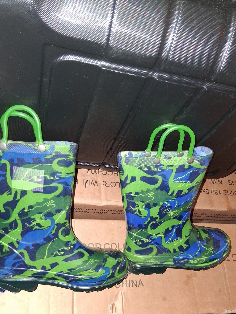 Kids Blue and Green Dinosaur Rain Boots with Easy-Grip Handles